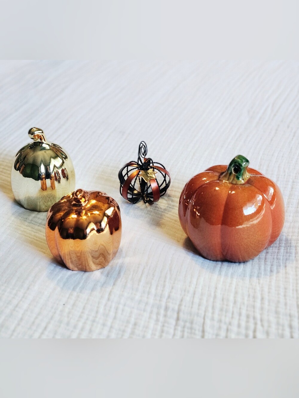 Decorative Ceramic and Metallic Pumpkin Set - Autumn Orange and Copper